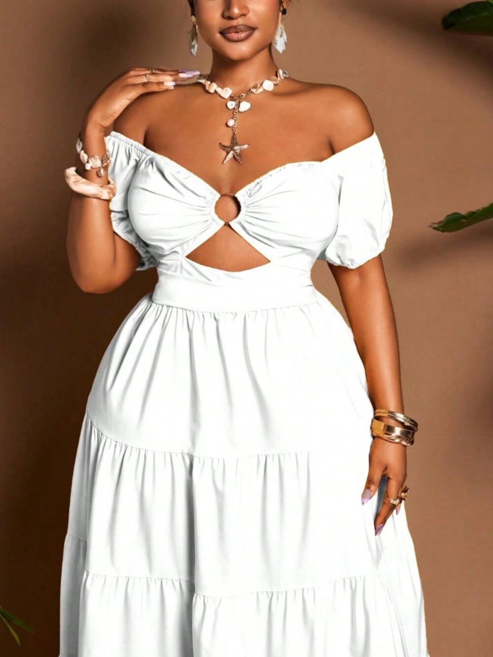 White Boho Women's Plus Size Vacation Off-Shoulder Petal Sleeve maxi Dress - Picture 3 of 8
